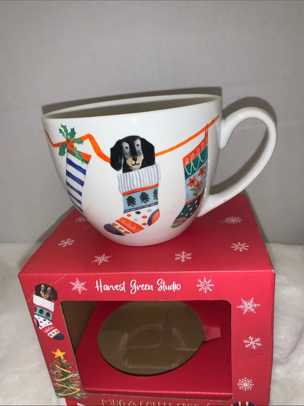 Christmas Stocking Dog Mug with Gold Spoon - White NIB